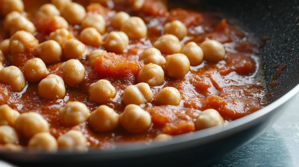 Chickpeas simmering in tomato sauce for shakshuka