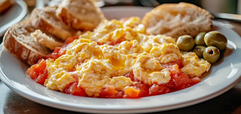 A plate of Turkish menemen with bread and olives.