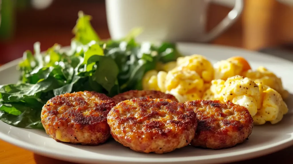 Chicken apple sausage patties with scrambled eggs and greens