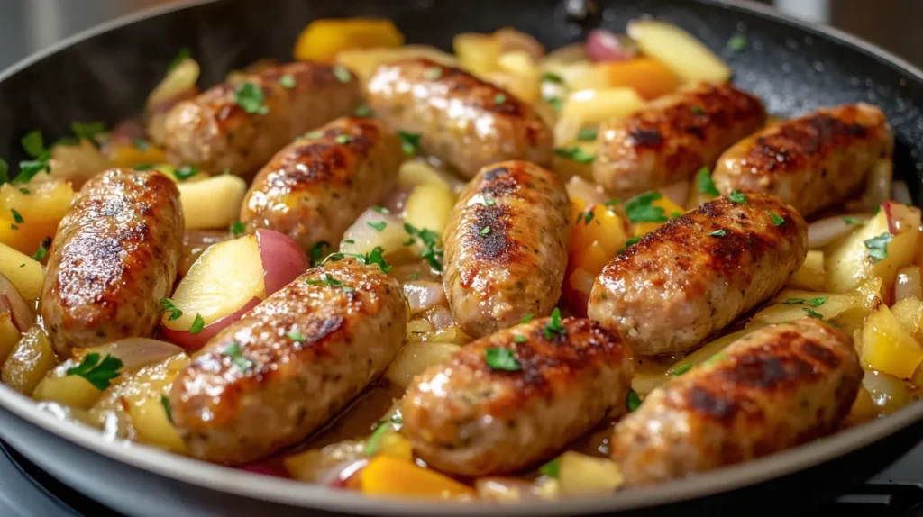 Chicken apple sausages sizzling in a skillet with onions and bell peppers