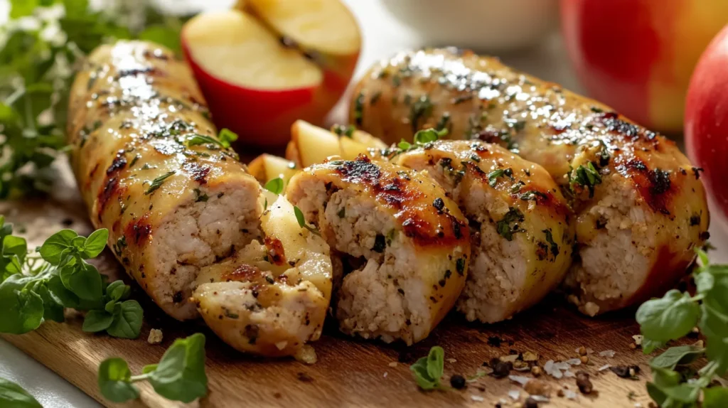 Sliced chicken apple sausage with apples and herbs.