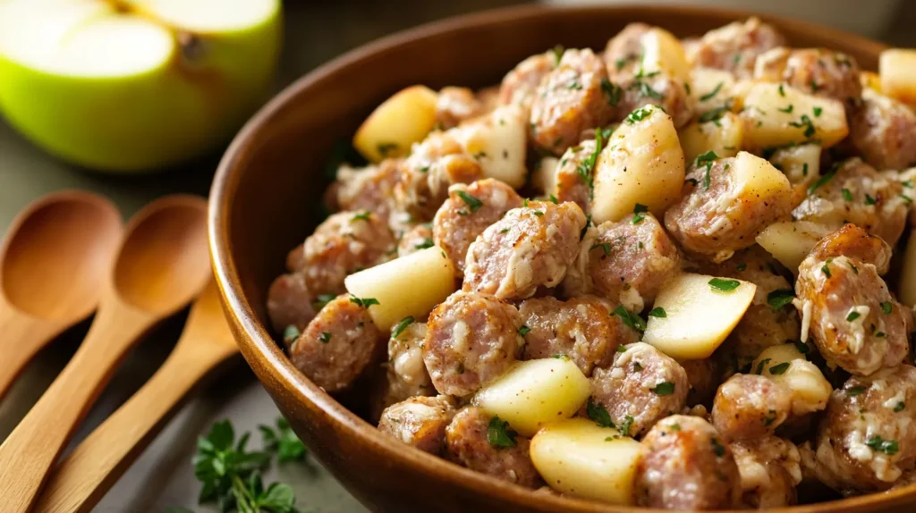 Raw chicken sausage mix with apple chunks and herbs in a bowl.