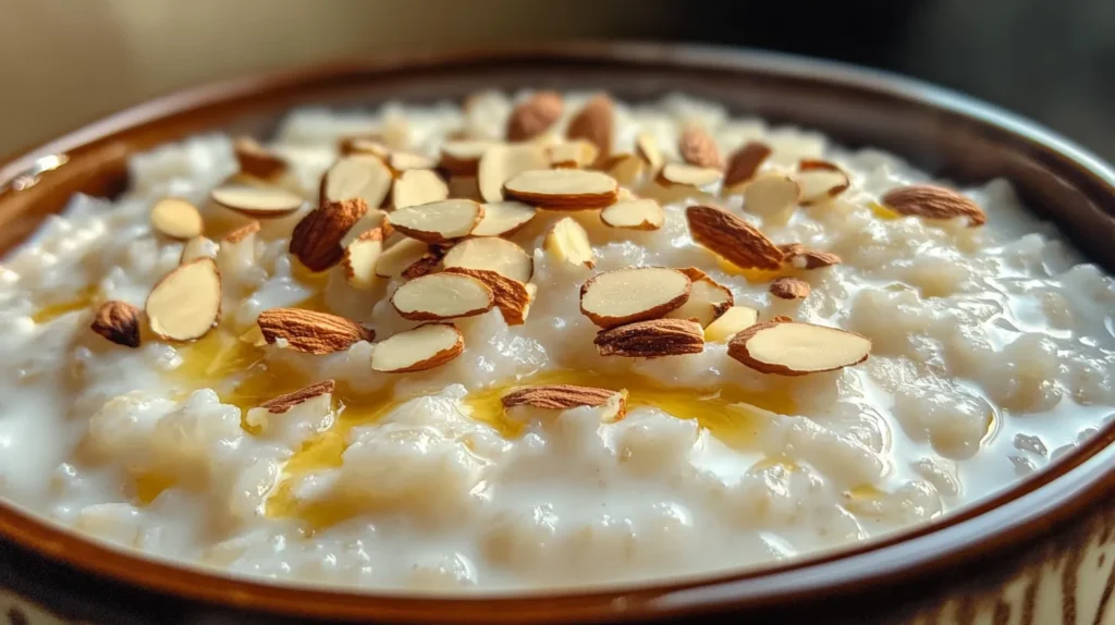 Creamy rice pudding with almonds and syrup