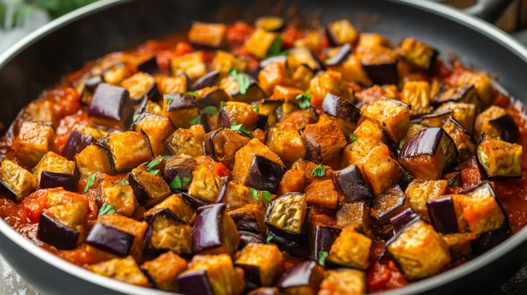 Roasted eggplant cubes in tomato sauce