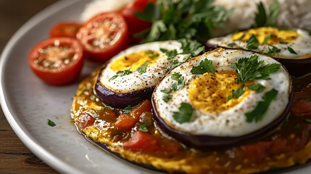 Eggplant omelet with tomatoes and rice