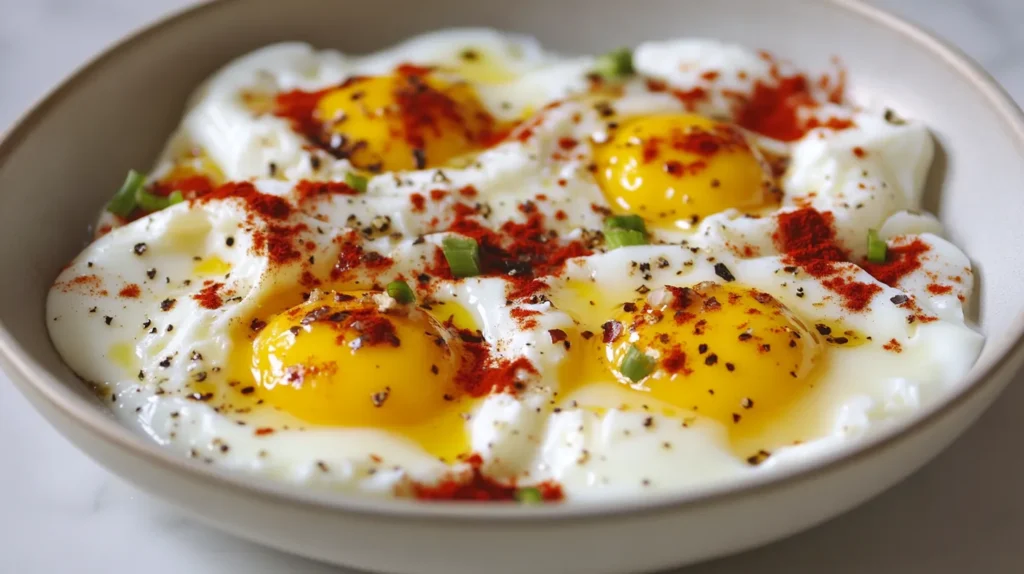 Turkish eggs with garlic yogurt and spiced butter.