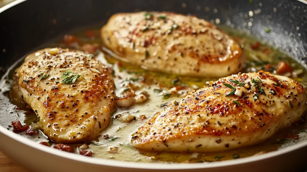 Cooking Chicken Bryan in a skillet with olive oil and herbs