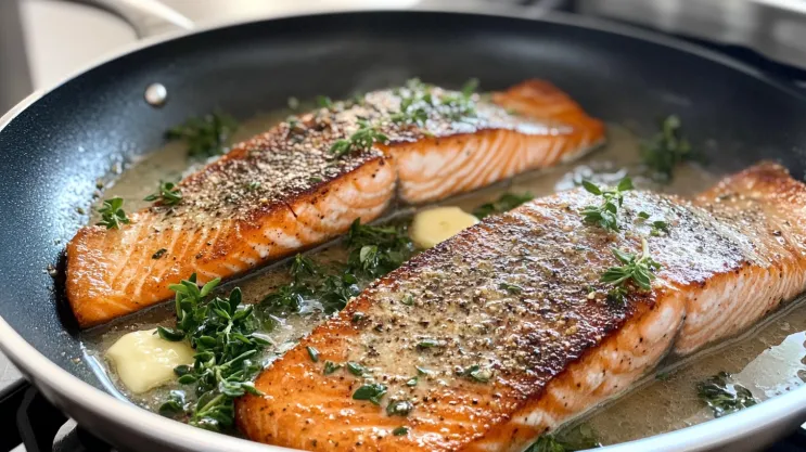 Pan-seared coho salmon fillet in skillet