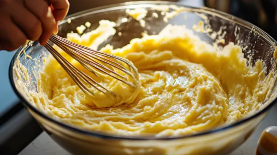 Wet ingredients for banana bread mixed with mashed bananas in a bowl.