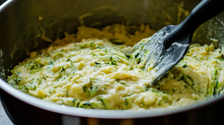 Zucchini banana bread batter in a mixing bowl being folded with a spatula.