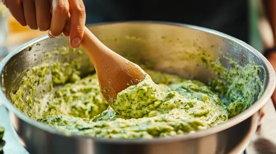 Mixing zucchini bread batter in a bowl with a wooden spoon.