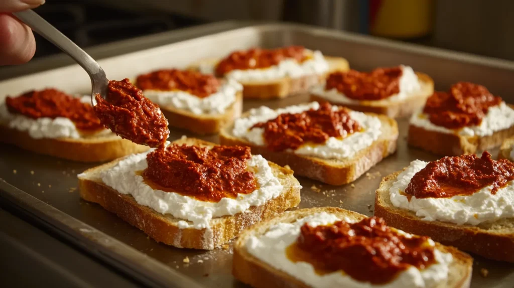 Hands spreading ricotta on toasted bread slices, followed by nduja.