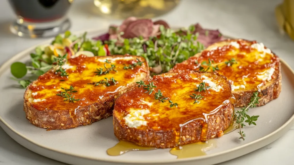 Served nduja ricotta toast with honey drizzle and fresh herbs, accompanied by a small salad.