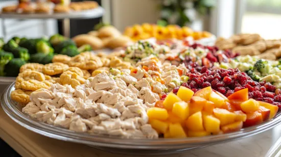 Chicken Salad Chick catering platter for events featuring various chicken salads and side dishes.