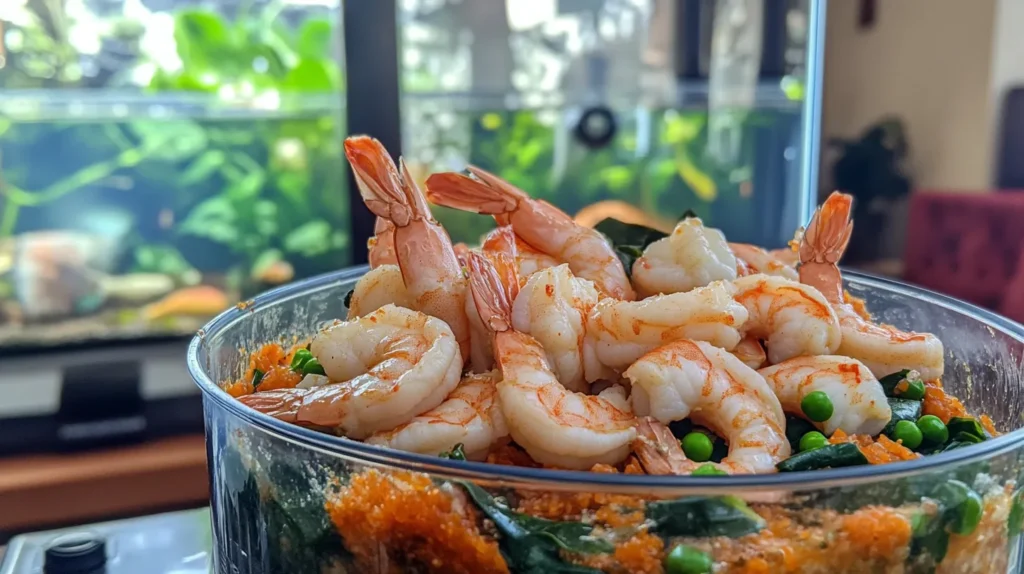 Blending shrimp and vegetables for homemade fish food in a kitchen.