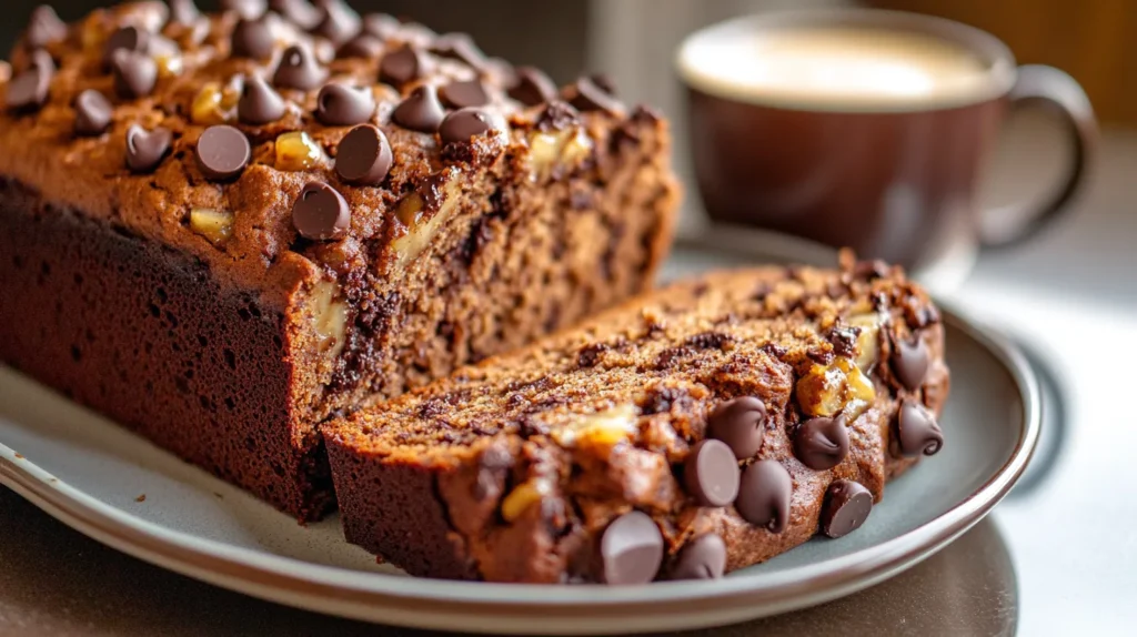 Chocolate banana bread using oil, with rich cocoa and chocolate chips.