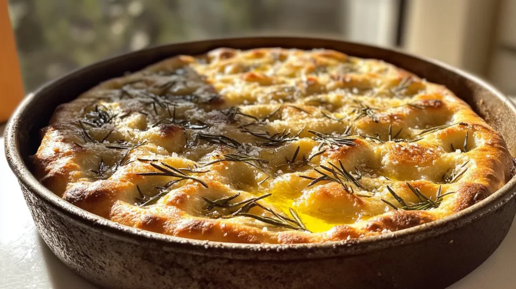 Golden-brown focaccia topped with rosemary and sea salt.