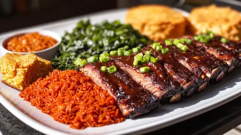 How is Red Rice Made? 9 Red rice served with BBQ ribs, collard greens, and cornbread