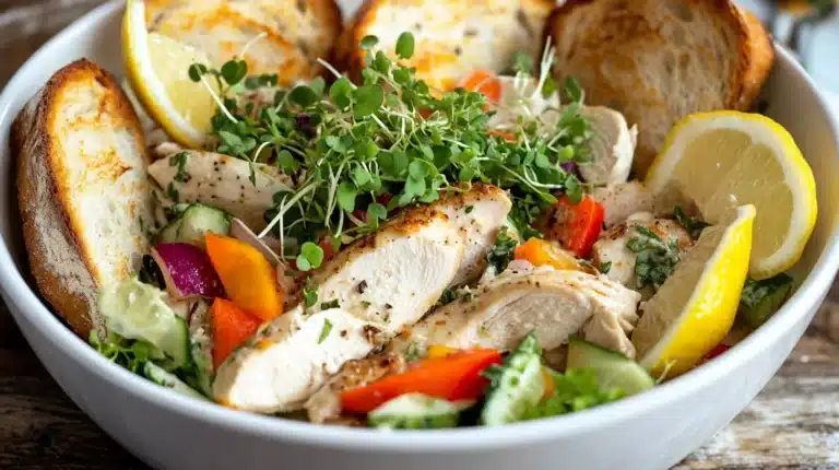 How Does Gordon Ramsay Make Chicken Salad? 9 Chicken salad bowl with toasted sourdough and lemon wedges