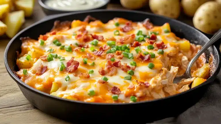 diced chicken recipes 5 Buffalo chicken casserole with melted cheese, bacon, and potatoes.