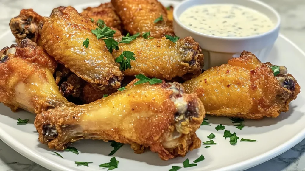 Air-fried crispy chicken wings with ranch dipping sauce.