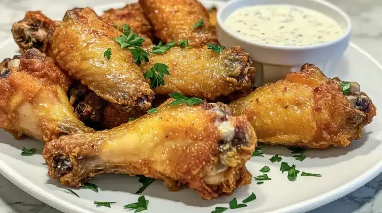 How Long Does Chicken Take to Cook? 11 Air-fried crispy chicken wings with ranch dipping sauce.
