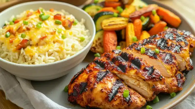 Cheesy Rice Recipe: The Ultimate Guide to Comfort in Every Bite 4 Grilled chicken paired with cheesy rice and roasted vegetables