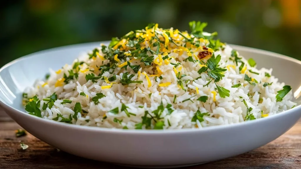 Plated garlic butter rice with fresh herbs and lemon zest.