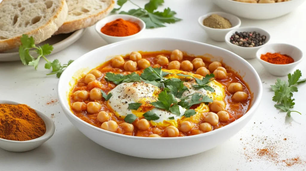 Bowl of chickpea shakshuka served with bread