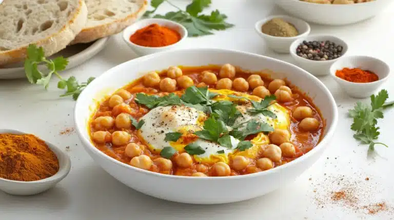 Chickpea Shakshuka: A Nutritious and Flavorful Twist on a Classic 8 Bowl of chickpea shakshuka served with bread