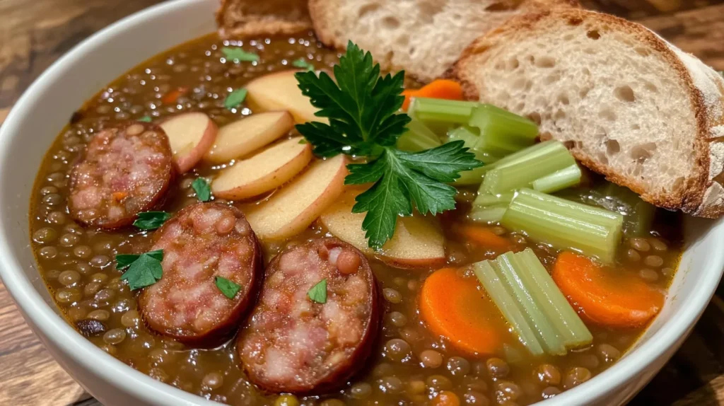 Lentil soup with chicken apple sausage and fresh parsley