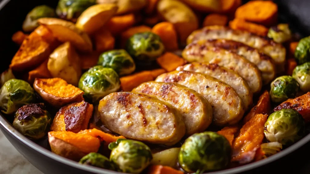 Cooked chicken apple sausage slices with roasted vegetables in a skillet.