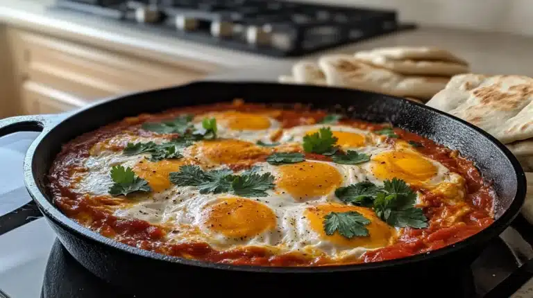 What is the Difference Between Turkish Eggs and Shakshuka? 13 Shakshuka served in a skillet with pita bread on the side.