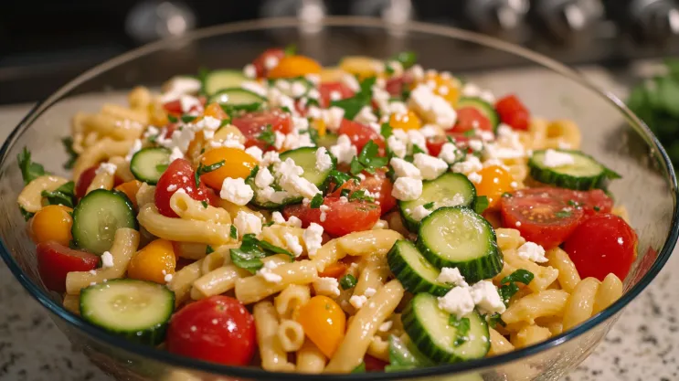 Ditalini pasta salad with fresh vegetables and feta cheese