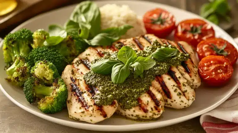 How Many Calories Are in Chicken Bryan? 17 Grilled chicken with pesto sauce and healthy sides