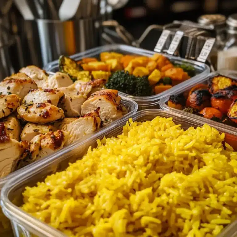 Is Yellow Rice and Chicken Healthy? 12 Meal prep containers with yellow rice and chicken