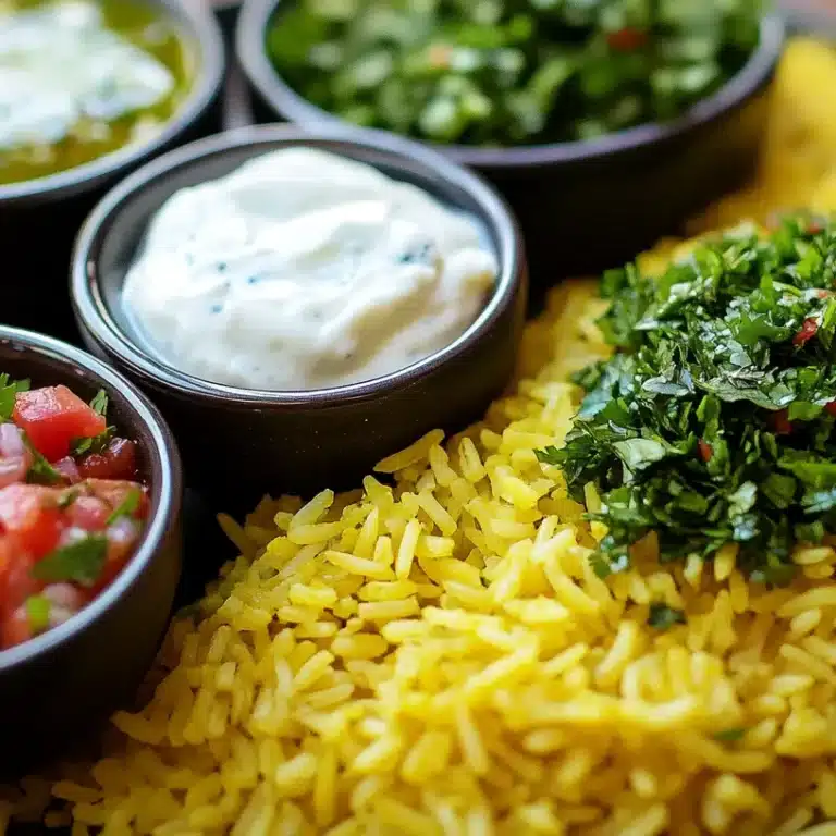 What Pairs Well with Yellow Rice? A Complete Guide 17 Yellow rice surrounded by chimichurri, yogurt sauce, and salsa.