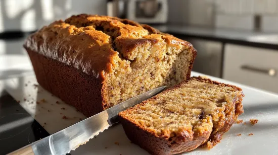 Freshly baked no-butter banana bread loaf sliced and steaming.