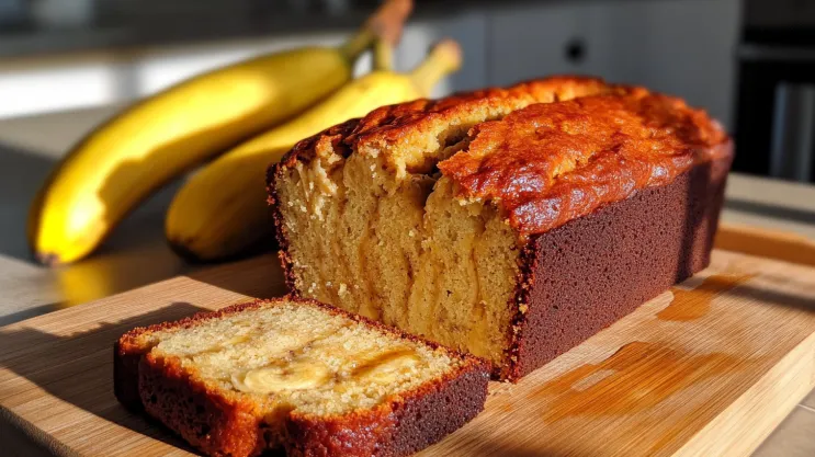 Moist no-butter banana bread loaf with sliced pieces on a cutting board.