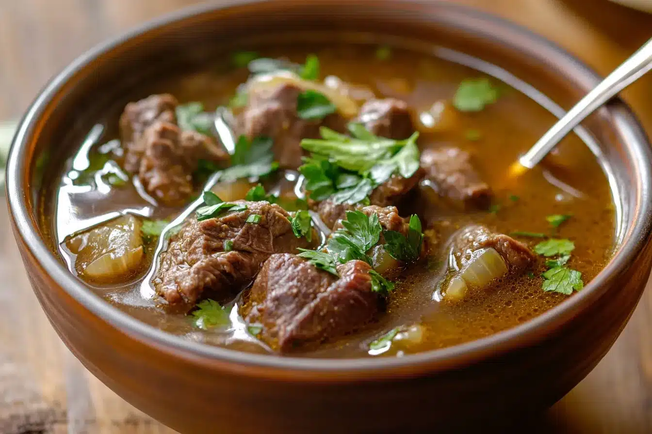 The Ultimate Guide to Soup Bones: Benefits, Uses, and Recipes 6 A bowl of homemade beef bone broth garnished with fresh parsley.