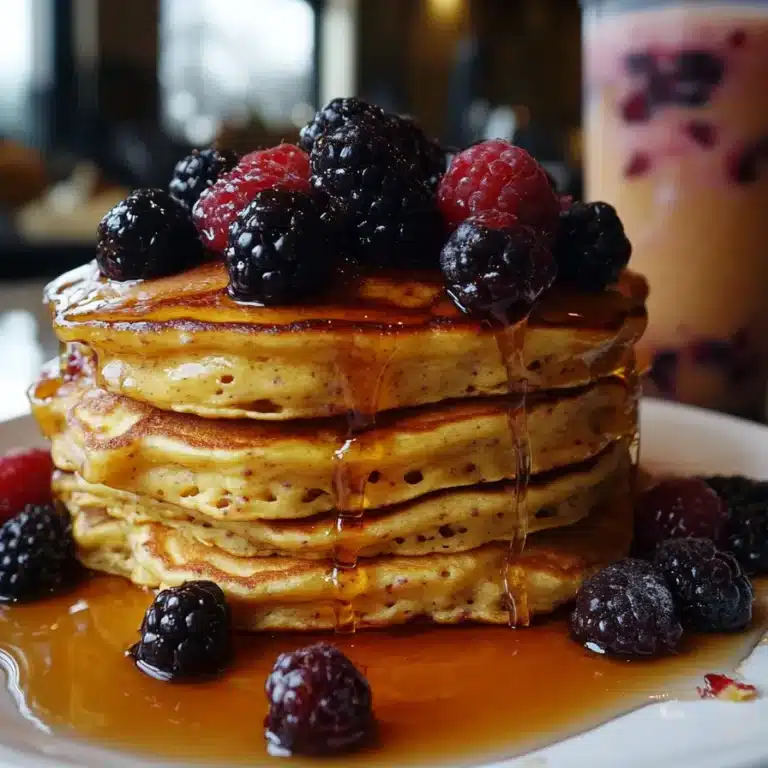 Premier Protein Pancakes 10 Fluffy Premier Protein Pancakes stacked with fresh berries and syrup.
