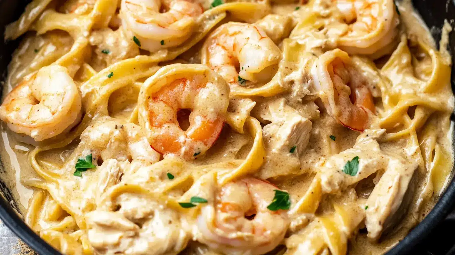 How to make a delicious chicken and shrimp Alfredo at home 7 A close-up of a creamy shrimp and chicken fettuccine Alfredo, coated in a rich, golden sauce with fresh herbs.