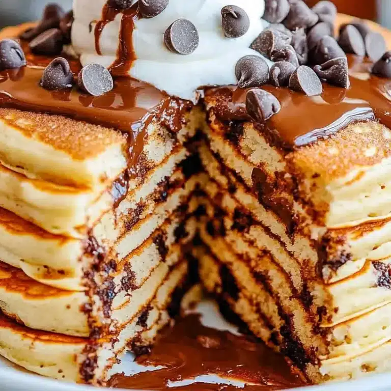 Cracker Barrel Chocolate Chip Pancakes Recipe: Sweet & Fluffy Treats 18 A stack of chocolate chip pancakes cut open, revealing layers of melted chocolate, topped with whipped cream, chocolate chips, and chocolate drizzle.