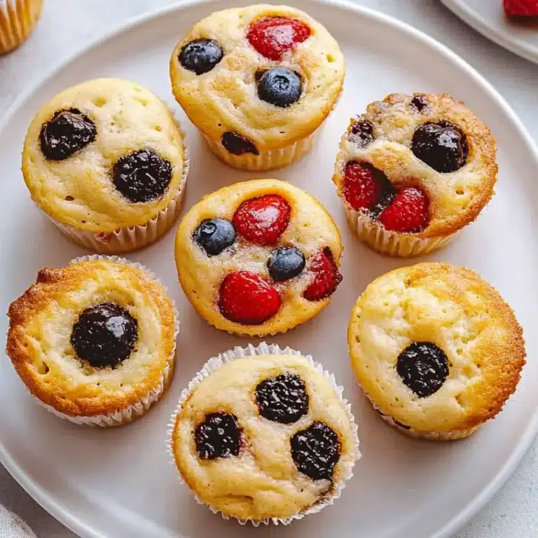 The Best Pancake Muffin Recipe: Easy, Fluffy, and Delicious 10 A batch of golden, fluffy pancake muffins topped with blueberries, raspberries, and blackberries, served on a white plate. These bite-sized treats are soft, slightly crispy on the edges, and bursting with juicy berries.