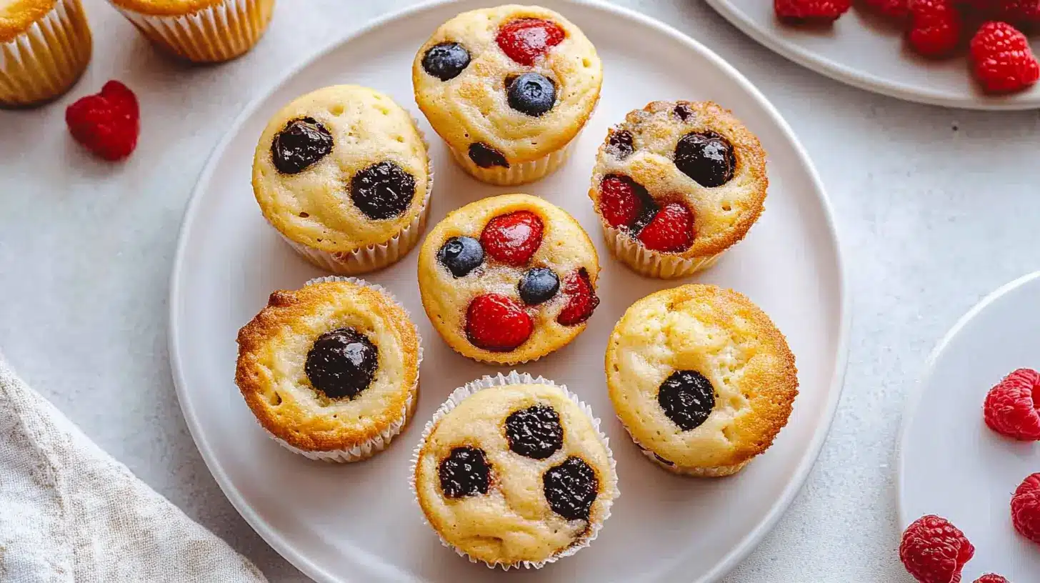 The Best Pancake Muffin Recipe: Easy, Fluffy, and Delicious 8 A batch of golden, fluffy pancake muffins topped with blueberries, raspberries, and blackberries, served on a white plate. These bite-sized treats are soft, slightly crispy on the edges, and bursting with juicy berries.