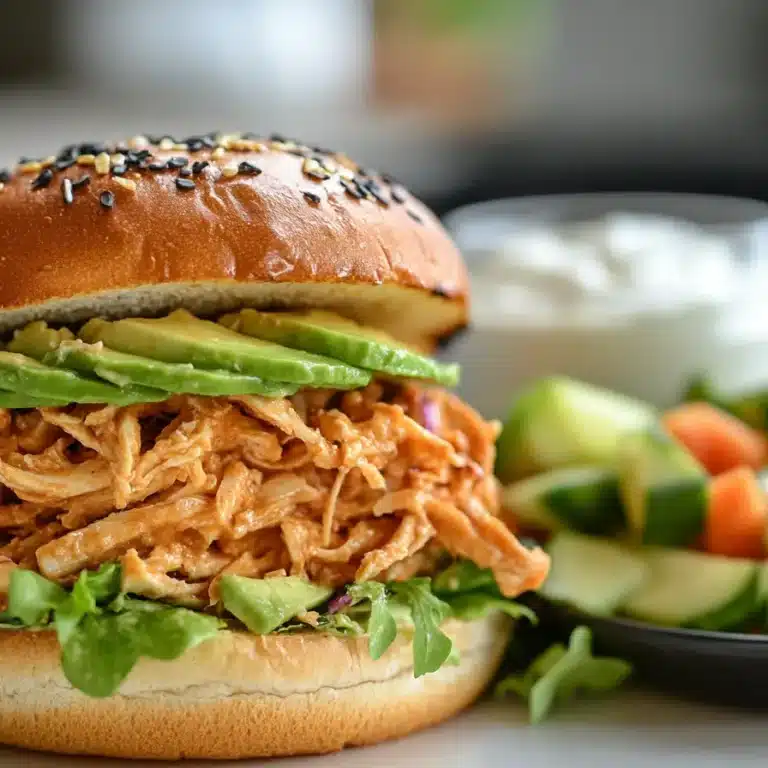 A healthy shredded chicken sandwich with avocado, whole wheat bun, and salad.