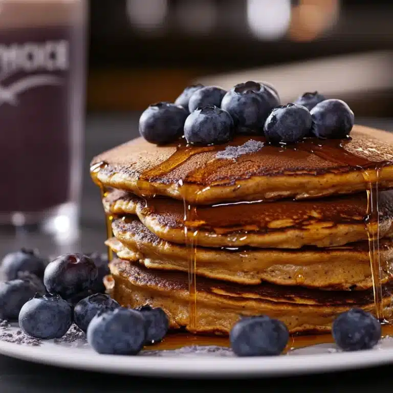 How Much Protein is in One Premier Protein Pancake? 10 Premier Protein pancakes with blueberries and syrup on a plate.