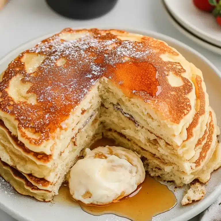 Delicious Cracker Barrel Pancakes Recipe for Perfect Buttermilk Pancakes 17 A plate of pancakes served with syrup and whipped cream, surrounded by fresh strawberries.