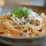 The Ultimate Guide to Instant Pot Pasta Recipes 11 Creamy Instant Pot pasta with basil and Parmesan on a wooden table.
