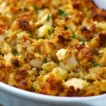 Classic Chicken Dressing Recipe: Step-by-Step Guide 9 A golden, crispy casserole with pieces of chicken and stuffing, garnished with fresh parsley, showing the top of the dish.
